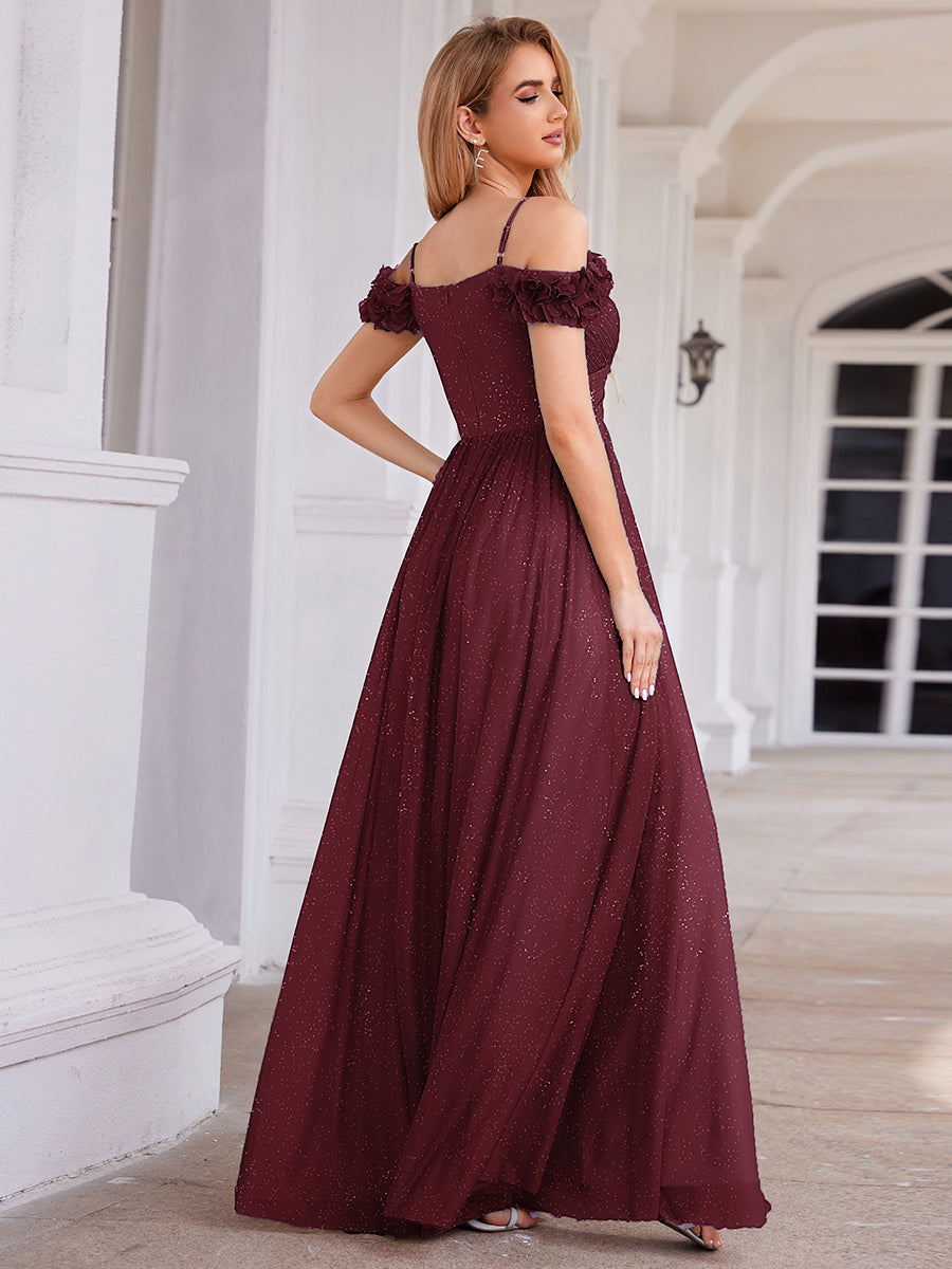 ever AYLANI|Sparkling V-Neck Floral Cold-Shoulder Evening Dress with Pleated