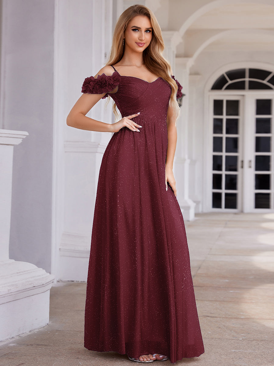 ever AYLANI|Sparkling V-Neck Floral Cold-Shoulder Evening Dress with Pleated