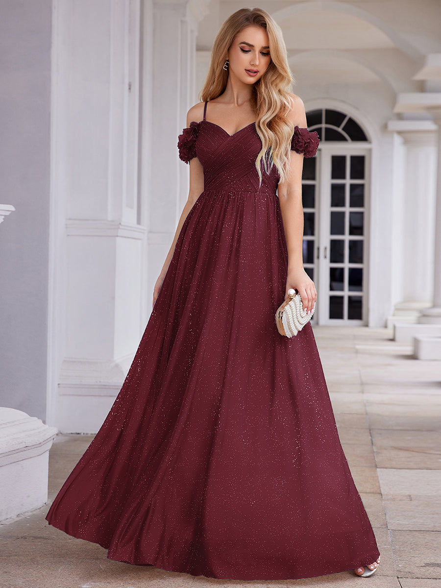 ever AYLANI|Sparkling V-Neck Floral Cold-Shoulder Evening Dress with Pleated