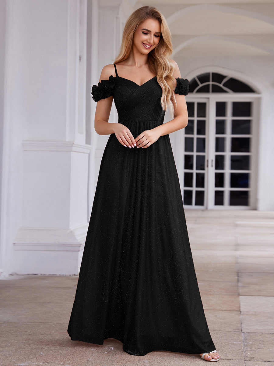 ever AYLANI|Sparkling V-Neck Floral Cold-Shoulder Evening Dress with Pleated