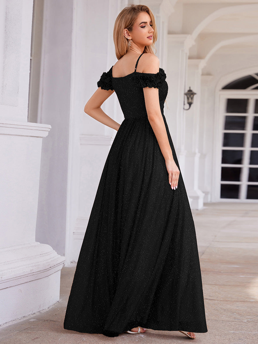 ever AYLANI|Sparkling V-Neck Floral Cold-Shoulder Evening Dress with Pleated