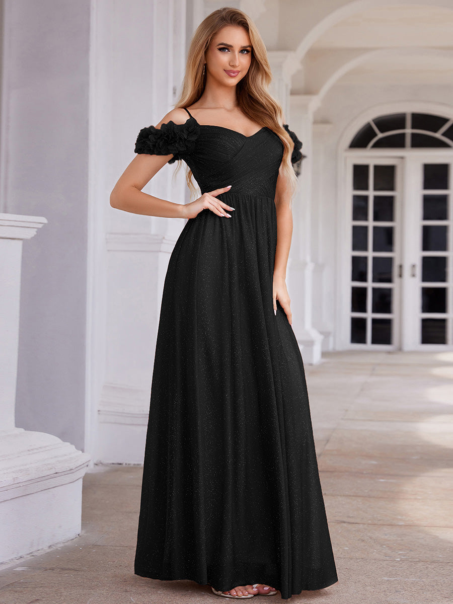 ever AYLANI|Sparkling V-Neck Floral Cold-Shoulder Evening Dress with Pleated