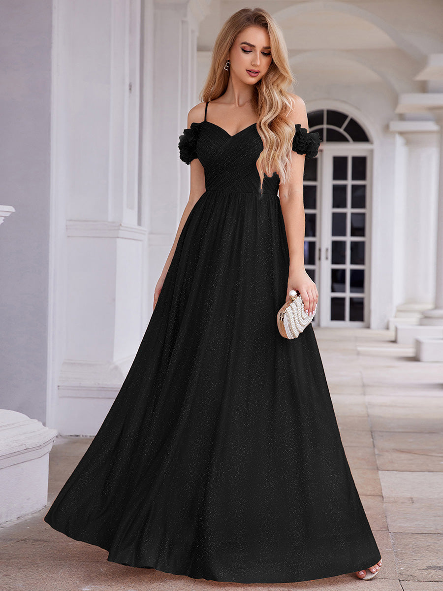 ever AYLANI|Sparkling V-Neck Floral Cold-Shoulder Evening Dress with Pleated