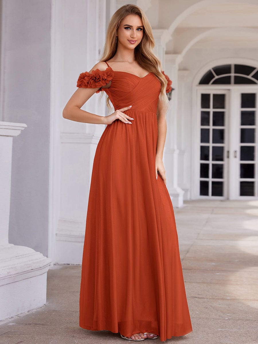 ever AYLANI|Sparkling V-Neck Floral Cold-Shoulder Evening Dress with Pleated