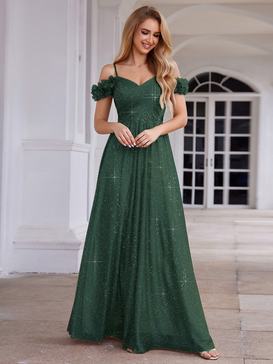 ever AYLANI|Sparkling V-Neck Floral Cold-Shoulder Evening Dress with Pleated