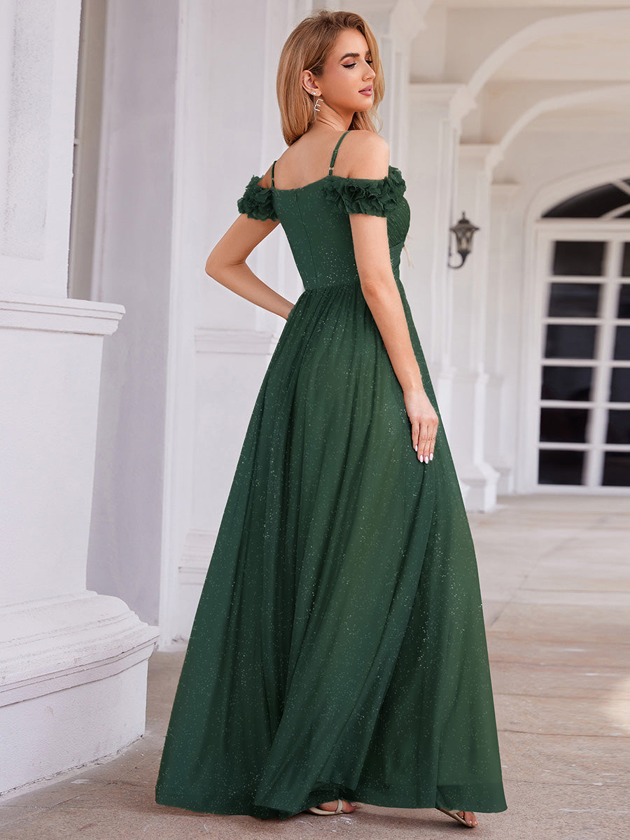 ever AYLANI|Sparkling V-Neck Floral Cold-Shoulder Evening Dress with Pleated