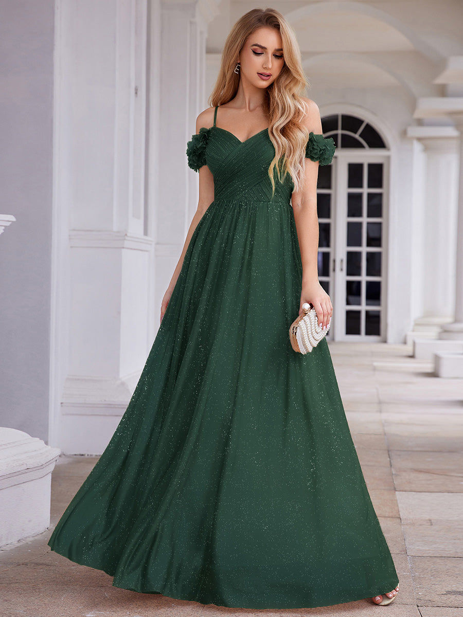 ever AYLANI|Sparkling V-Neck Floral Cold-Shoulder Evening Dress with Pleated