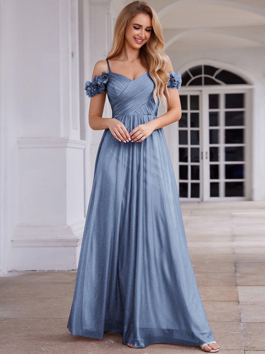 ever AYLANI|Sparkling V-Neck Floral Cold-Shoulder Evening Dress with Pleated