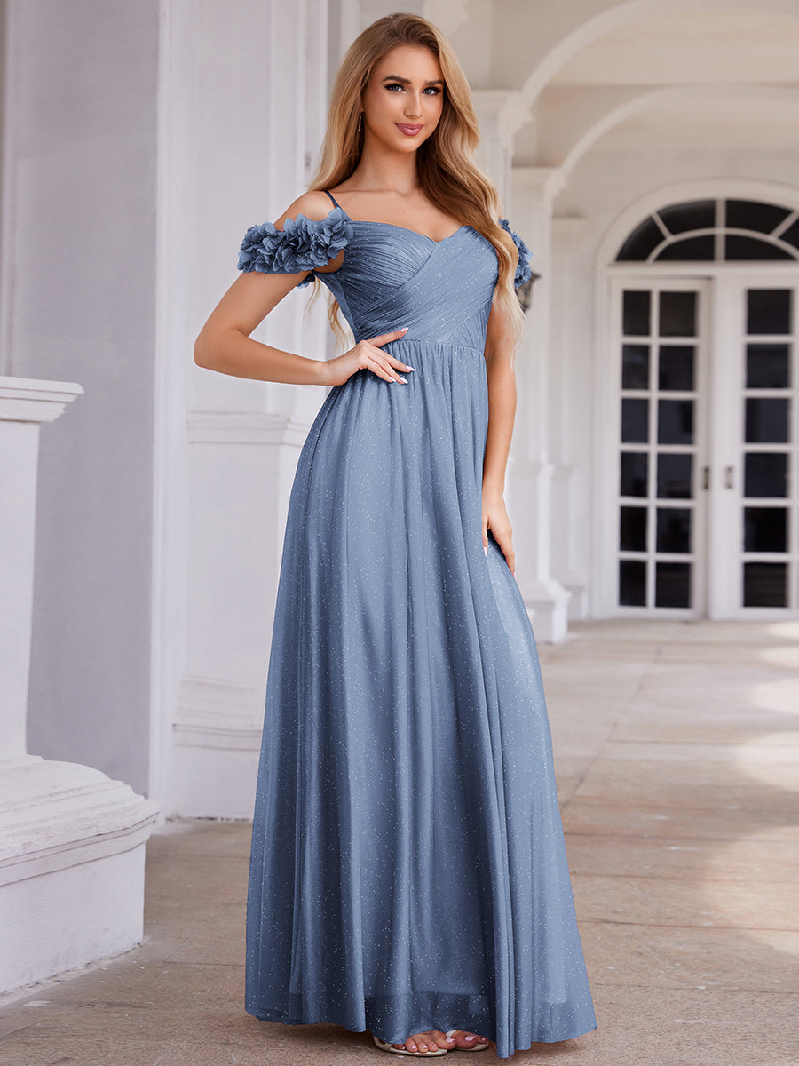 ever AYLANI|Sparkling V-Neck Floral Cold-Shoulder Evening Dress with Pleated