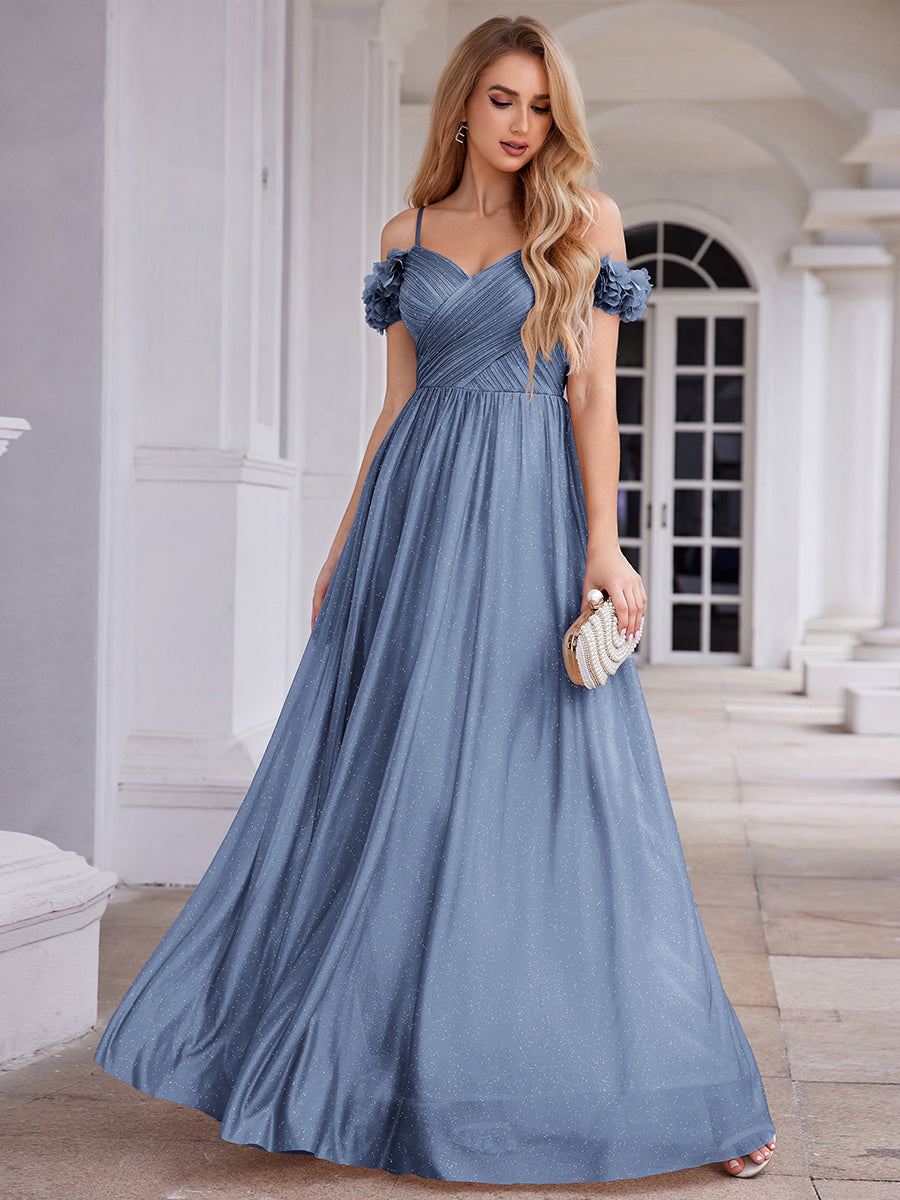 ever AYLANI|Sparkling V-Neck Floral Cold-Shoulder Evening Dress with Pleated