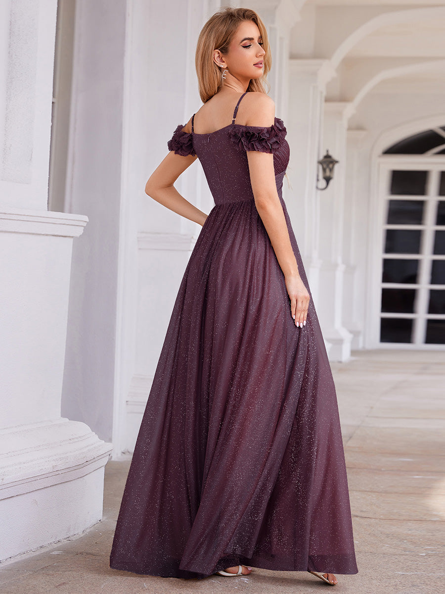 ever AYLANI|Sparkling V-Neck Floral Cold-Shoulder Evening Dress with Pleated