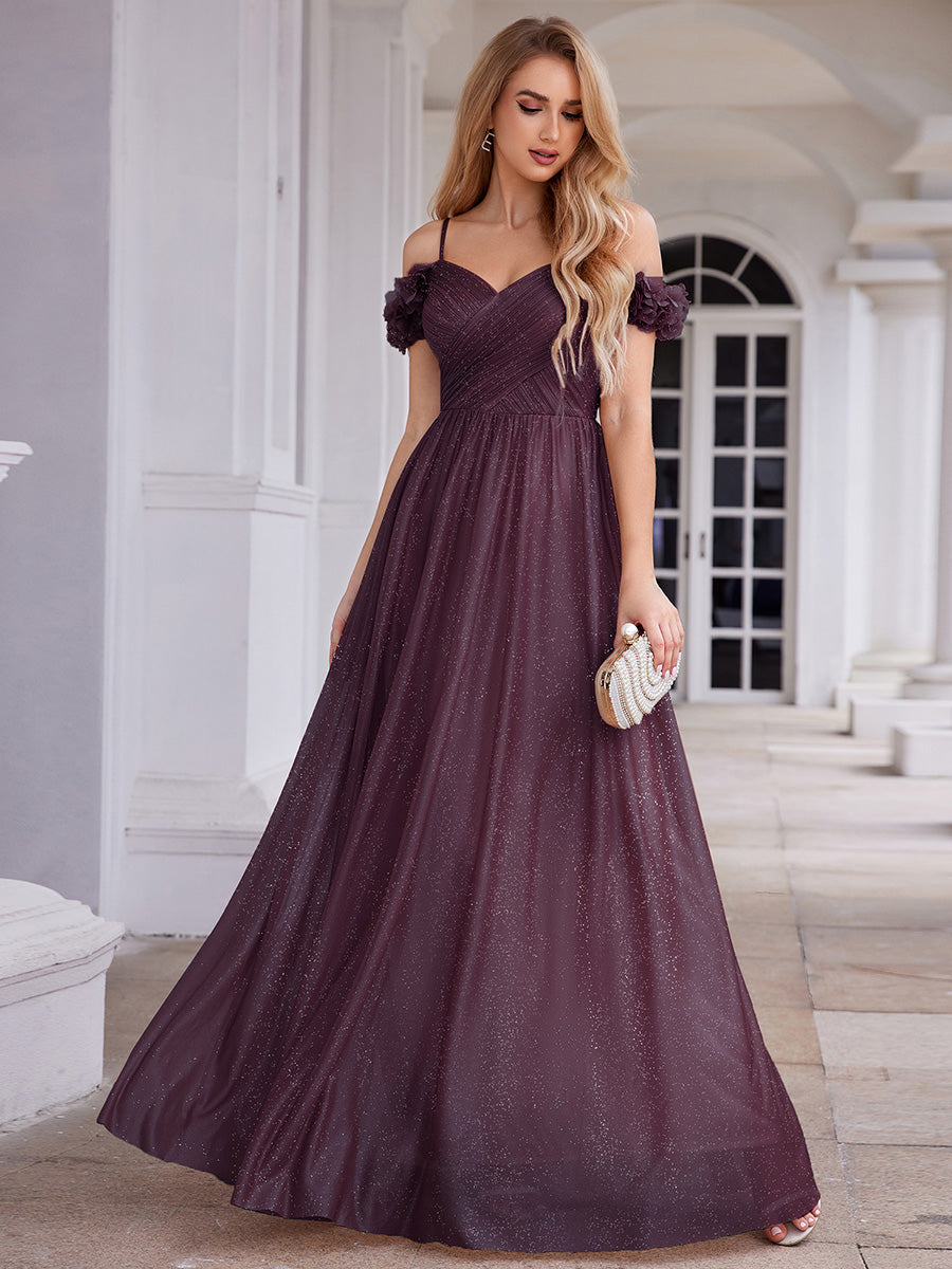 ever AYLANI|Sparkling V-Neck Floral Cold-Shoulder Evening Dress with Pleated
