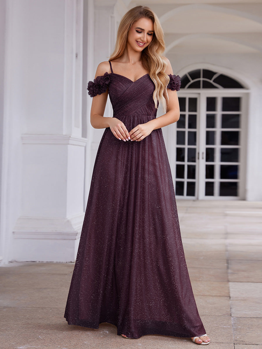 ever AYLANI|Sparkling V-Neck Floral Cold-Shoulder Evening Dress with Pleated