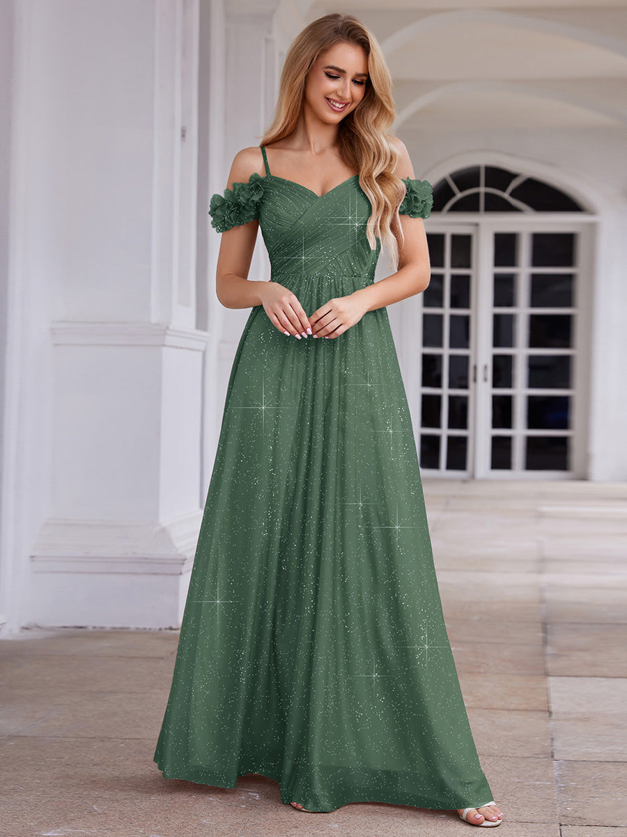 ever AYLANI|Sparkling V-Neck Floral Cold-Shoulder Evening Dress with Pleated