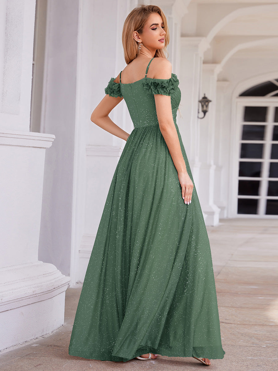 ever AYLANI|Sparkling V-Neck Floral Cold-Shoulder Evening Dress with Pleated