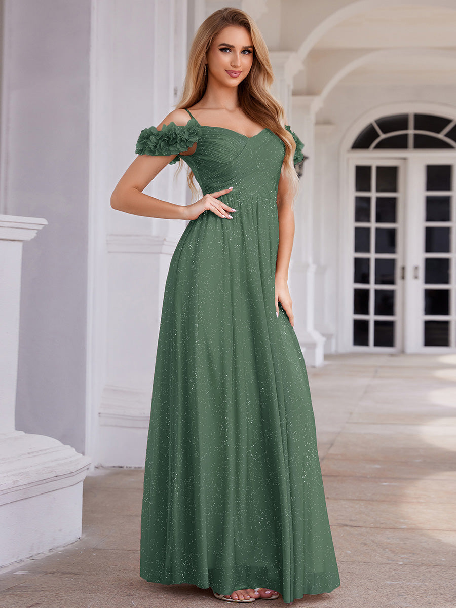 ever AYLANI|Sparkling V-Neck Floral Cold-Shoulder Evening Dress with Pleated