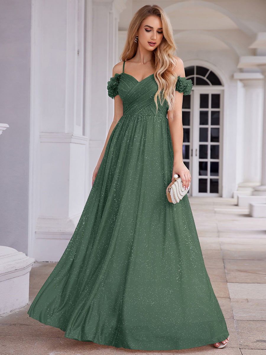 ever AYLANI|Sparkling V-Neck Floral Cold-Shoulder Evening Dress with Pleated