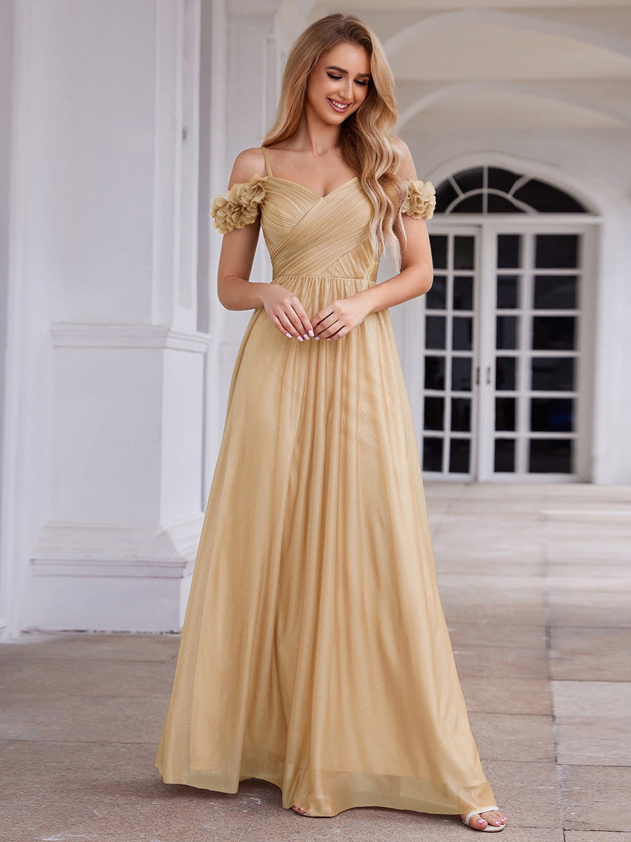ever AYLANI|Sparkling V-Neck Floral Cold-Shoulder Evening Dress with Pleated