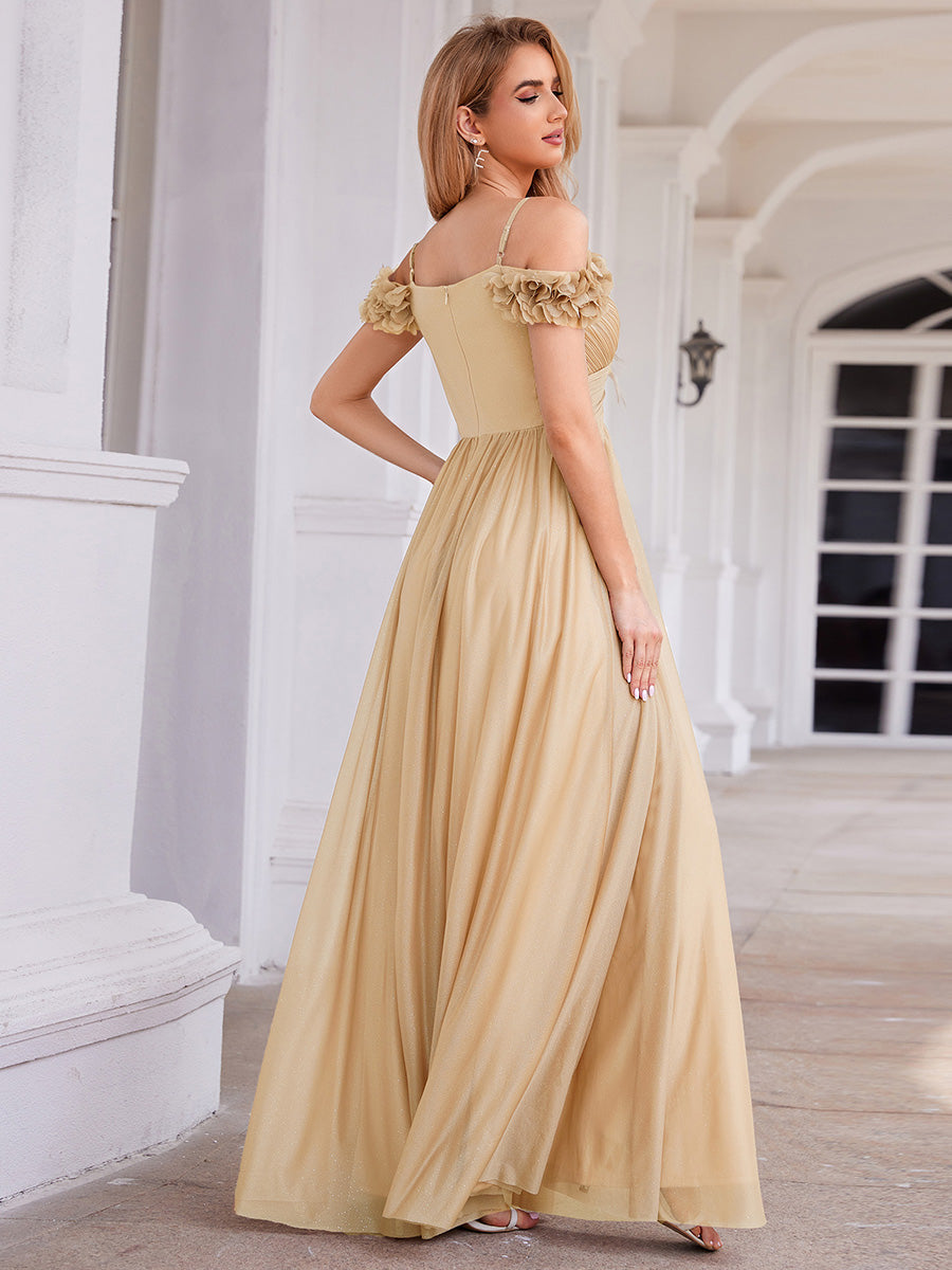 ever AYLANI|Sparkling V-Neck Floral Cold-Shoulder Evening Dress with Pleated
