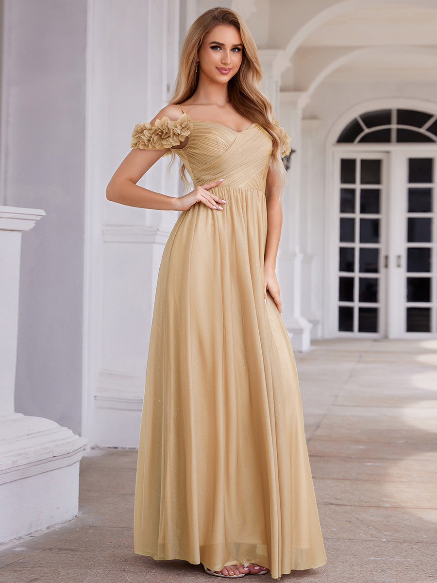ever AYLANI|Sparkling V-Neck Floral Cold-Shoulder Evening Dress with Pleated