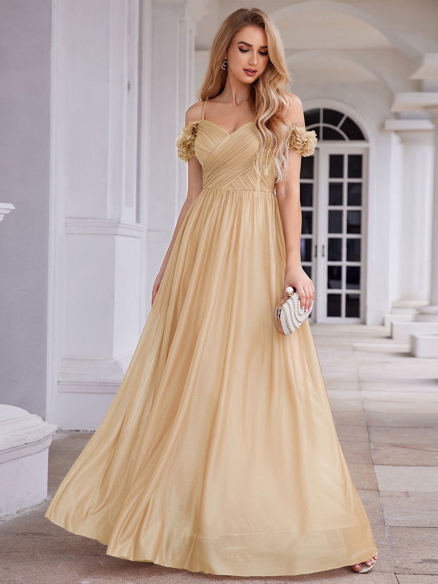ever AYLANI|Sparkling V-Neck Floral Cold-Shoulder Evening Dress with Pleated