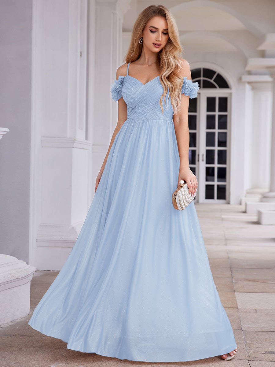 ever AYLANI|Sparkling V-Neck Floral Cold-Shoulder Evening Dress with Pleated