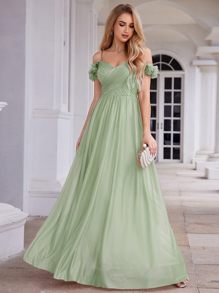 ever AYLANI|Sparkling V-Neck Floral Cold-Shoulder Evening Dress with Pleated