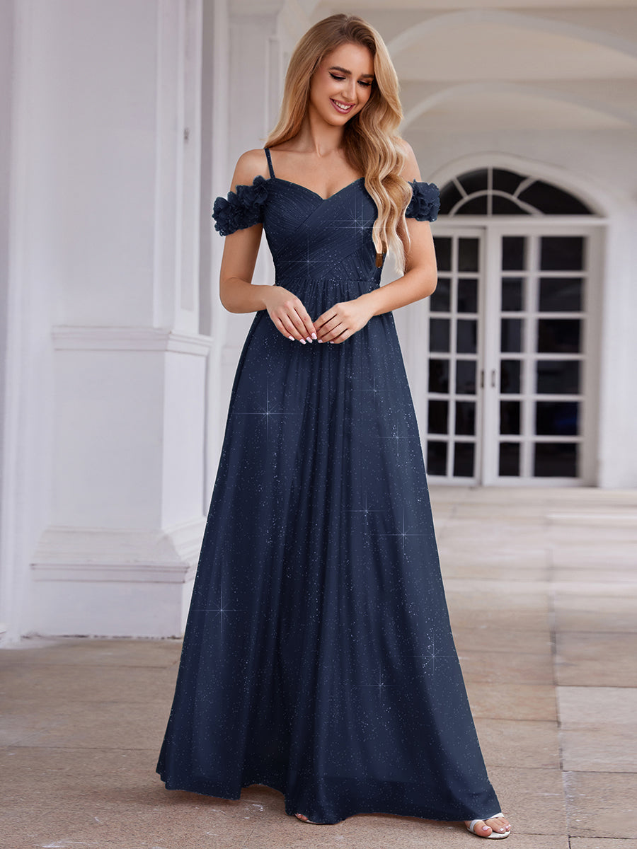 ever AYLANI|Sparkling V-Neck Floral Cold-Shoulder Evening Dress with Pleated