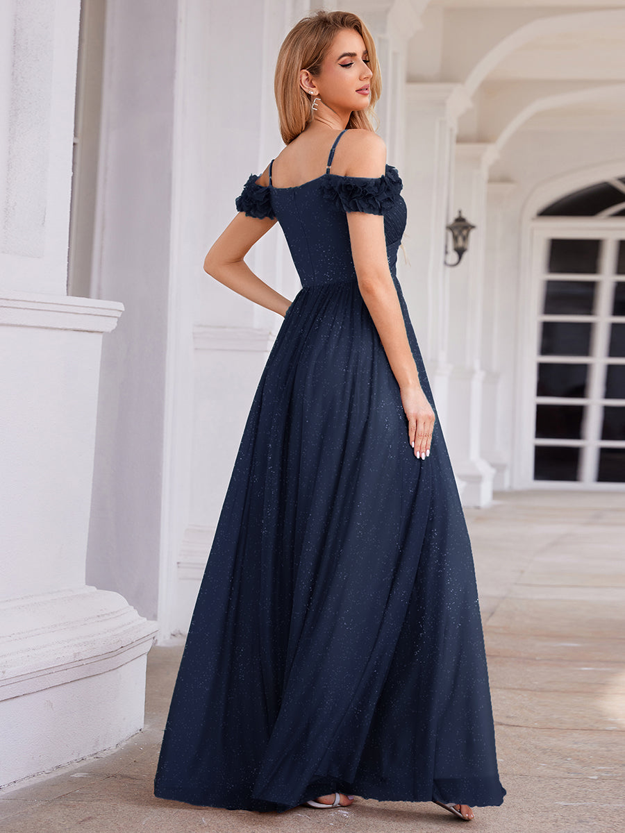 ever AYLANI|Sparkling V-Neck Floral Cold-Shoulder Evening Dress with Pleated