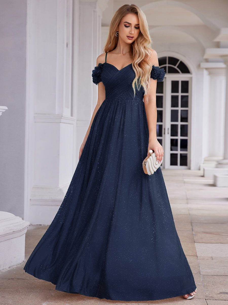 ever AYLANI|Sparkling V-Neck Floral Cold-Shoulder Evening Dress with Pleated