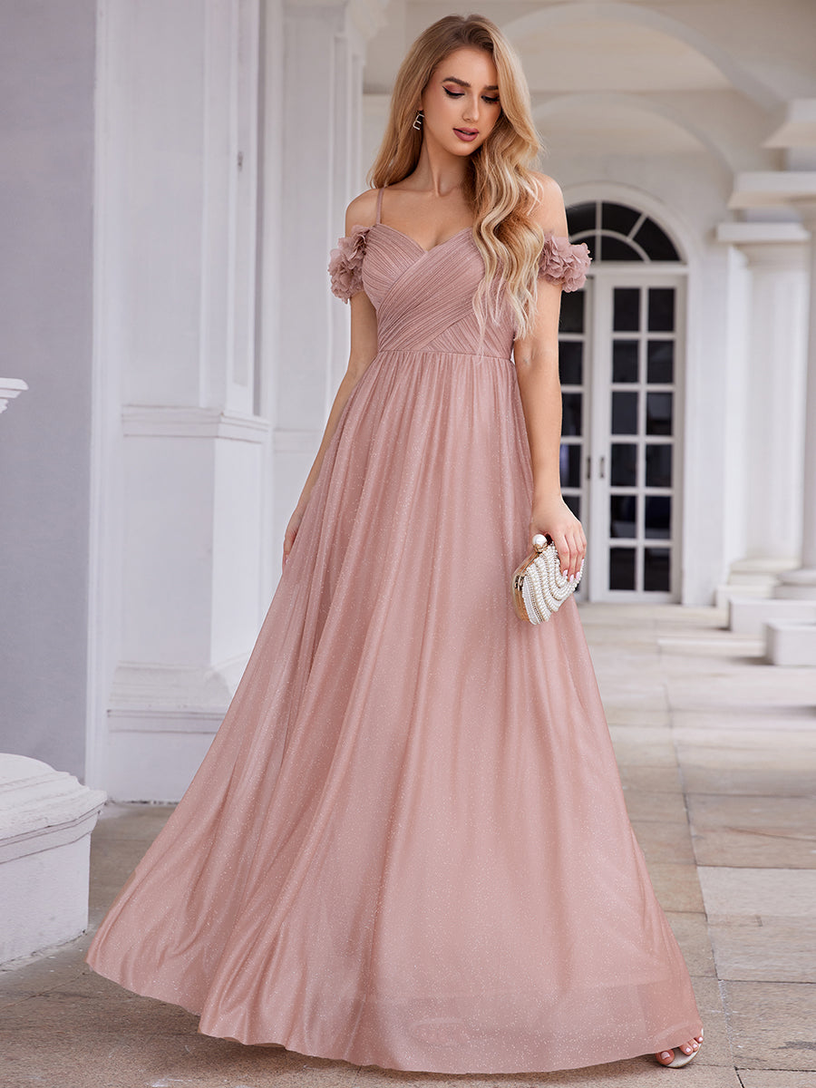 ever AYLANI|Sparkling V-Neck Floral Cold-Shoulder Evening Dress with Pleated