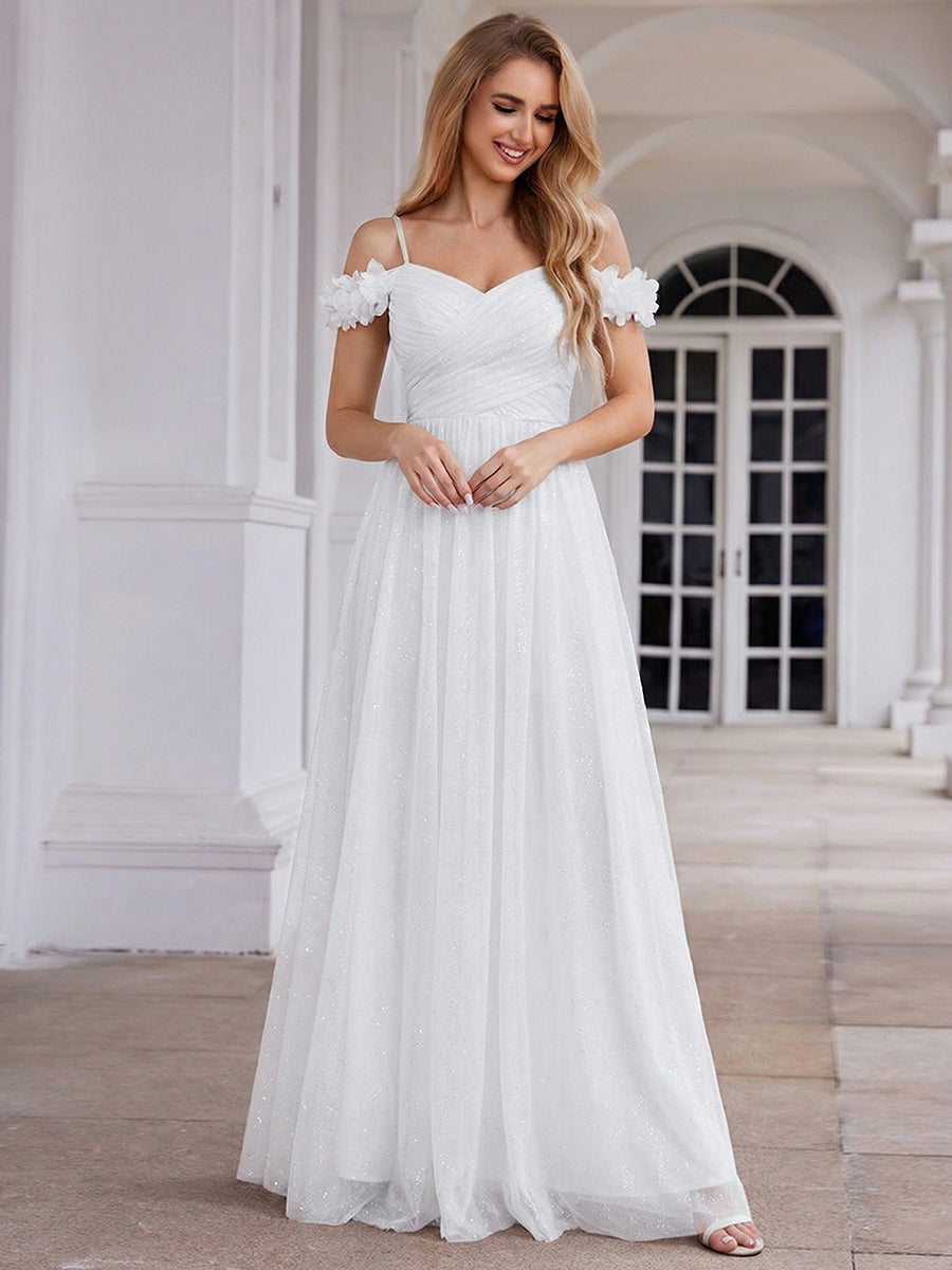 ever AYLANI|Sparkling V-Neck Floral Cold-Shoulder Evening Dress with Pleated