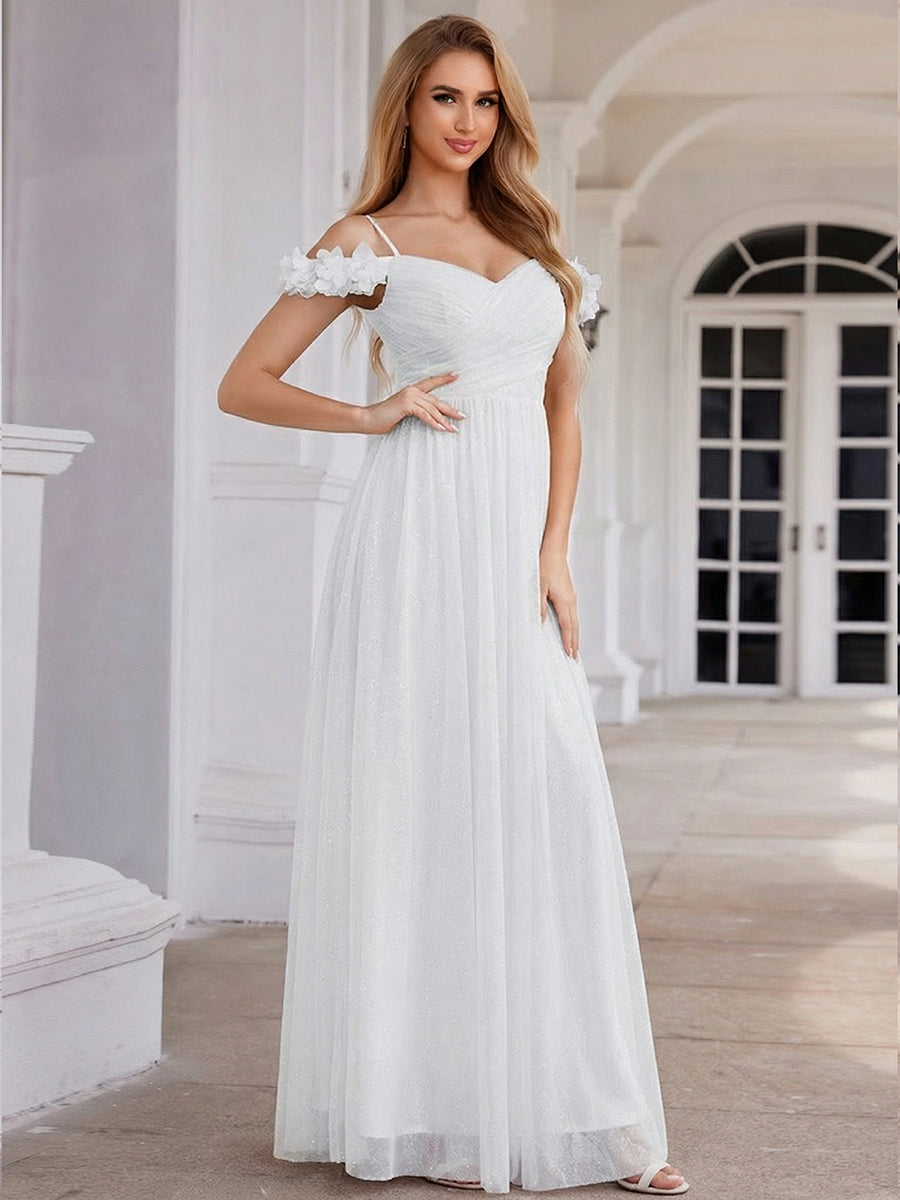 ever AYLANI|Sparkling V-Neck Floral Cold-Shoulder Evening Dress with Pleated