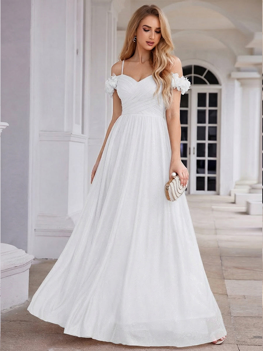 ever AYLANI|Sparkling V-Neck Floral Cold-Shoulder Evening Dress with Pleated