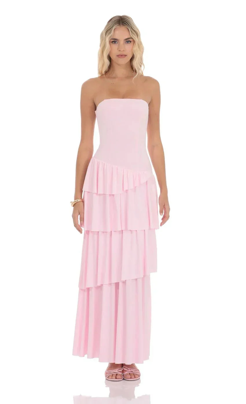 Strapless Asymmetrical Ruffle Maxi Dress in Pink