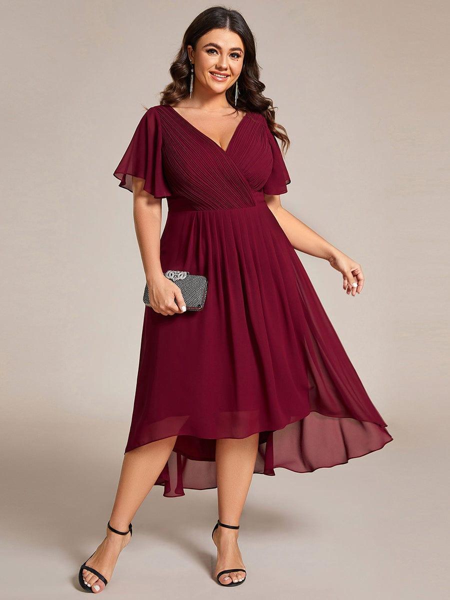 ever FAYE|Chic V Neck Asymmetrical Hem Ruffles Sleeve Pleated Chiffon Wedding Guest Dress