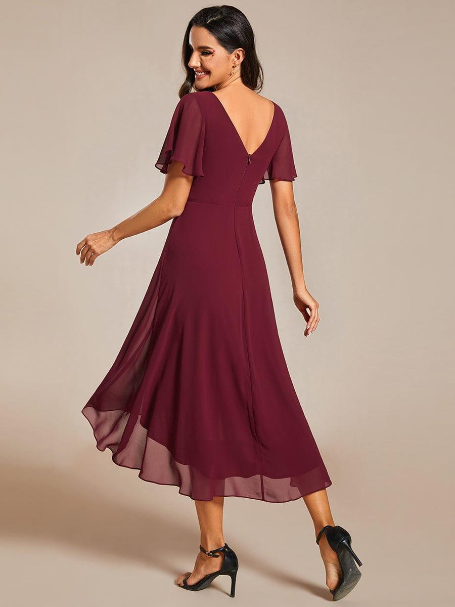 ever FAYE|Chic V Neck Asymmetrical Hem Ruffles Sleeve Pleated Chiffon Wedding Guest Dress