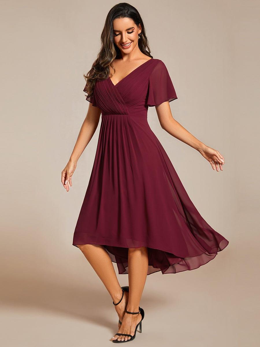 ever FAYE|Chic V Neck Asymmetrical Hem Ruffles Sleeve Pleated Chiffon Wedding Guest Dress
