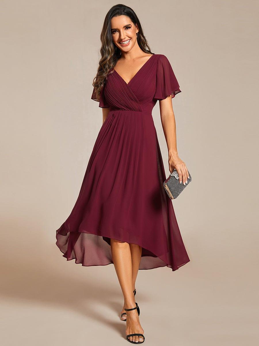 ever FAYE|Chic V Neck Asymmetrical Hem Ruffles Sleeve Pleated Chiffon Wedding Guest Dress