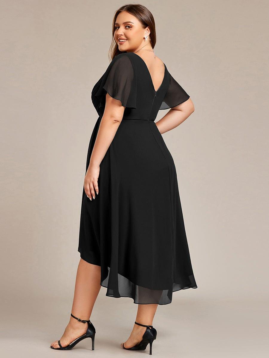 ever FAYE|Chic V Neck Asymmetrical Hem Ruffles Sleeve Pleated Chiffon Wedding Guest Dress