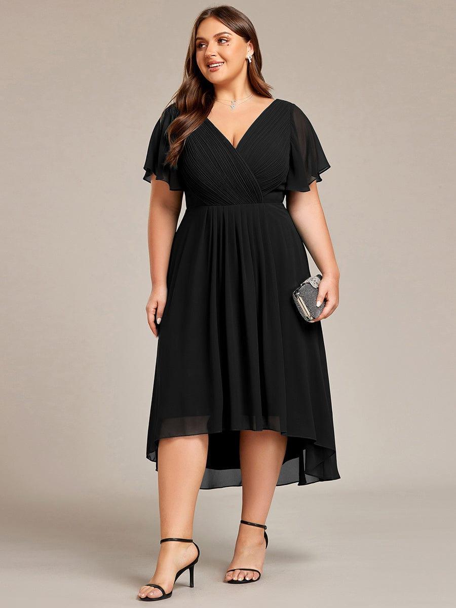 ever FAYE|Chic V Neck Asymmetrical Hem Ruffles Sleeve Pleated Chiffon Wedding Guest Dress