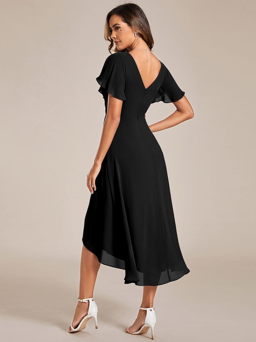 ever FAYE|Chic V Neck Asymmetrical Hem Ruffles Sleeve Pleated Chiffon Wedding Guest Dress