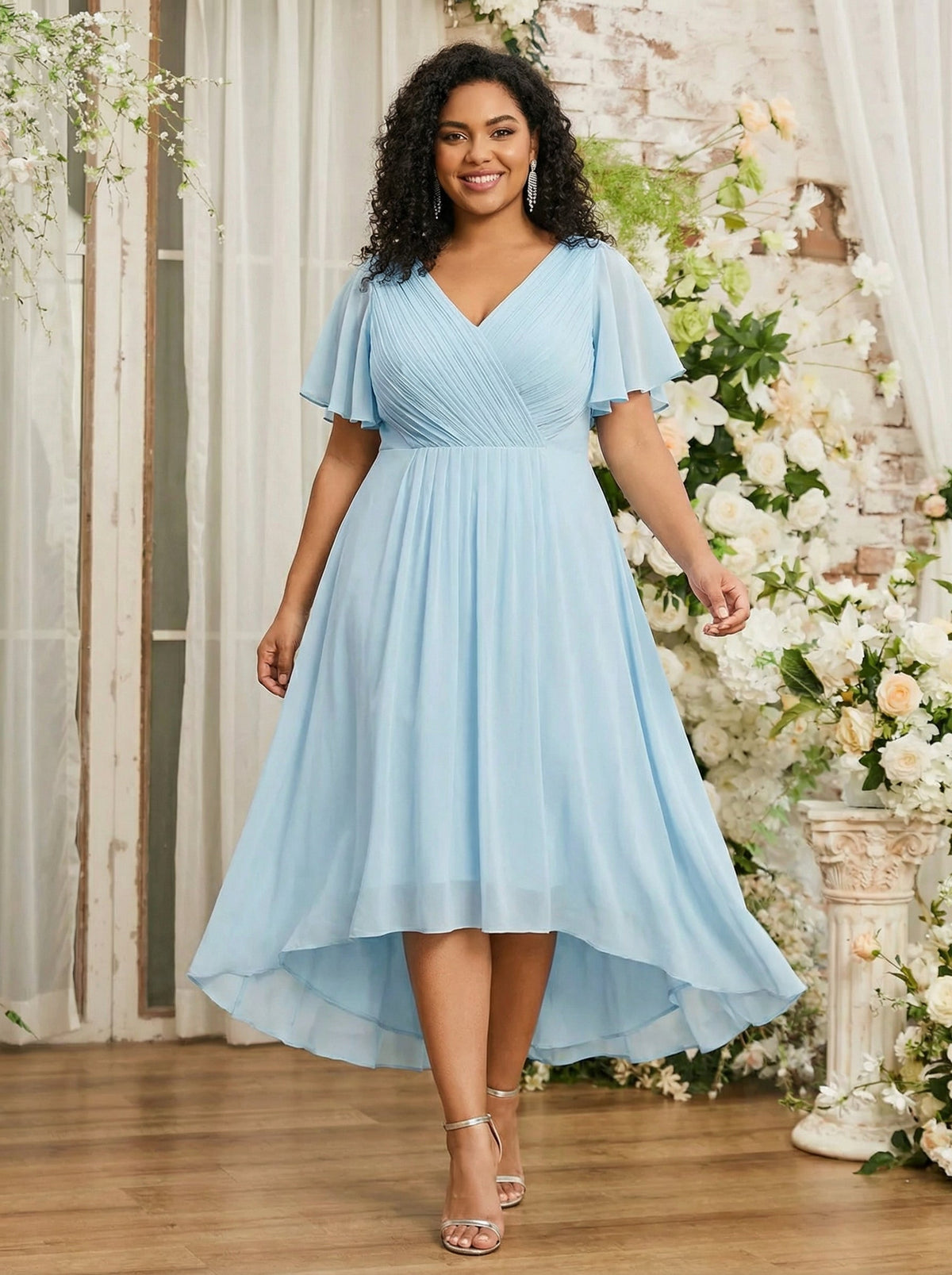 ever FAYE|Plus Size Pleated Midi Ruffles Sleeve Chiffon Bridesmaid Dress