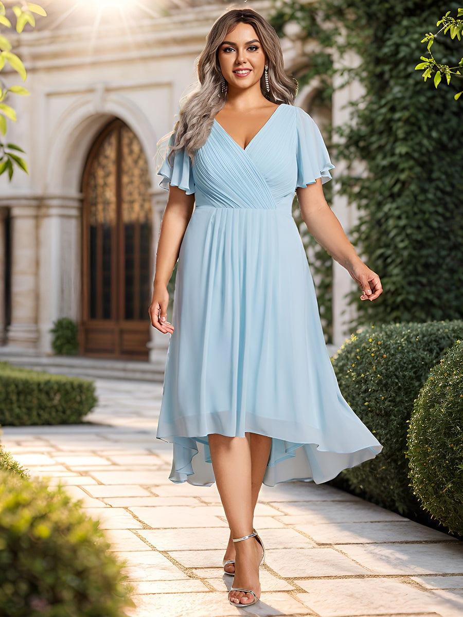 ever FAYE|Chic V Neck Asymmetrical Hem Ruffles Sleeve Pleated Chiffon Wedding Guest Dress