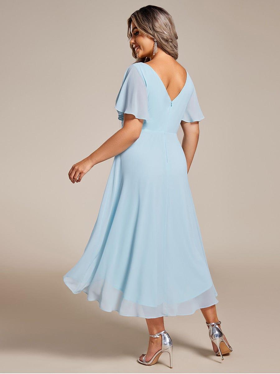 ever FAYE|Chic V Neck Asymmetrical Hem Ruffles Sleeve Pleated Chiffon Wedding Guest Dress