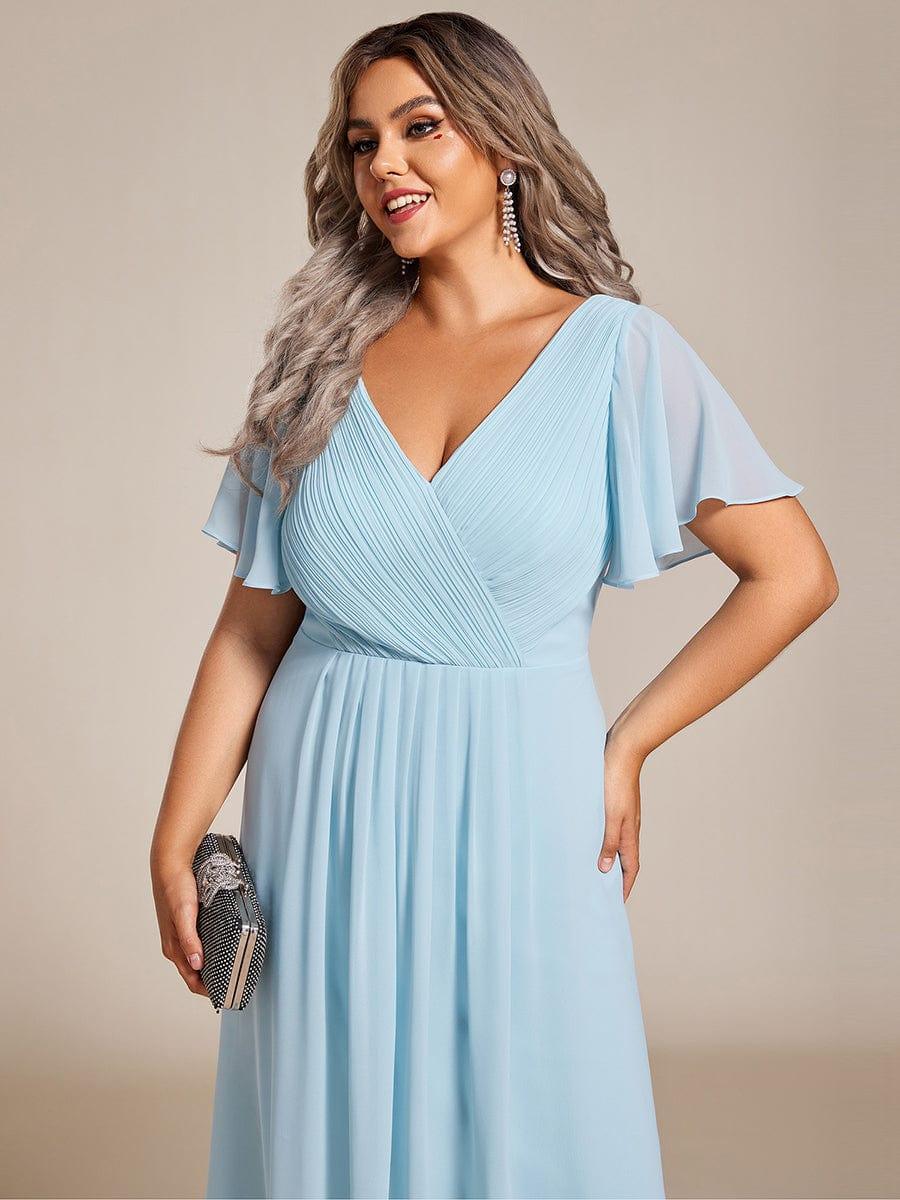 ever FAYE|Chic V Neck Asymmetrical Hem Ruffles Sleeve Pleated Chiffon Wedding Guest Dress