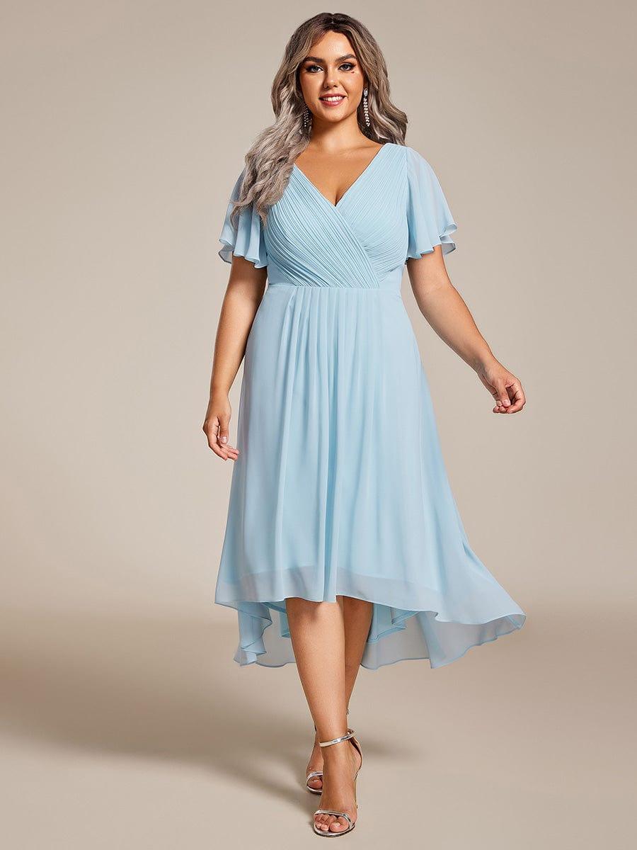 ever FAYE|Chic V Neck Asymmetrical Hem Ruffles Sleeve Pleated Chiffon Wedding Guest Dress