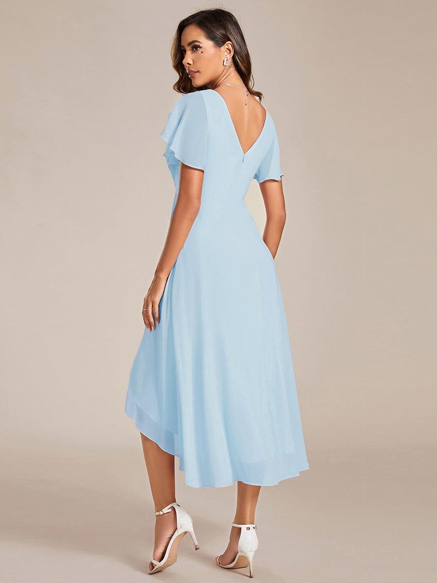ever FAYE|Chic V Neck Asymmetrical Hem Ruffles Sleeve Pleated Chiffon Wedding Guest Dress
