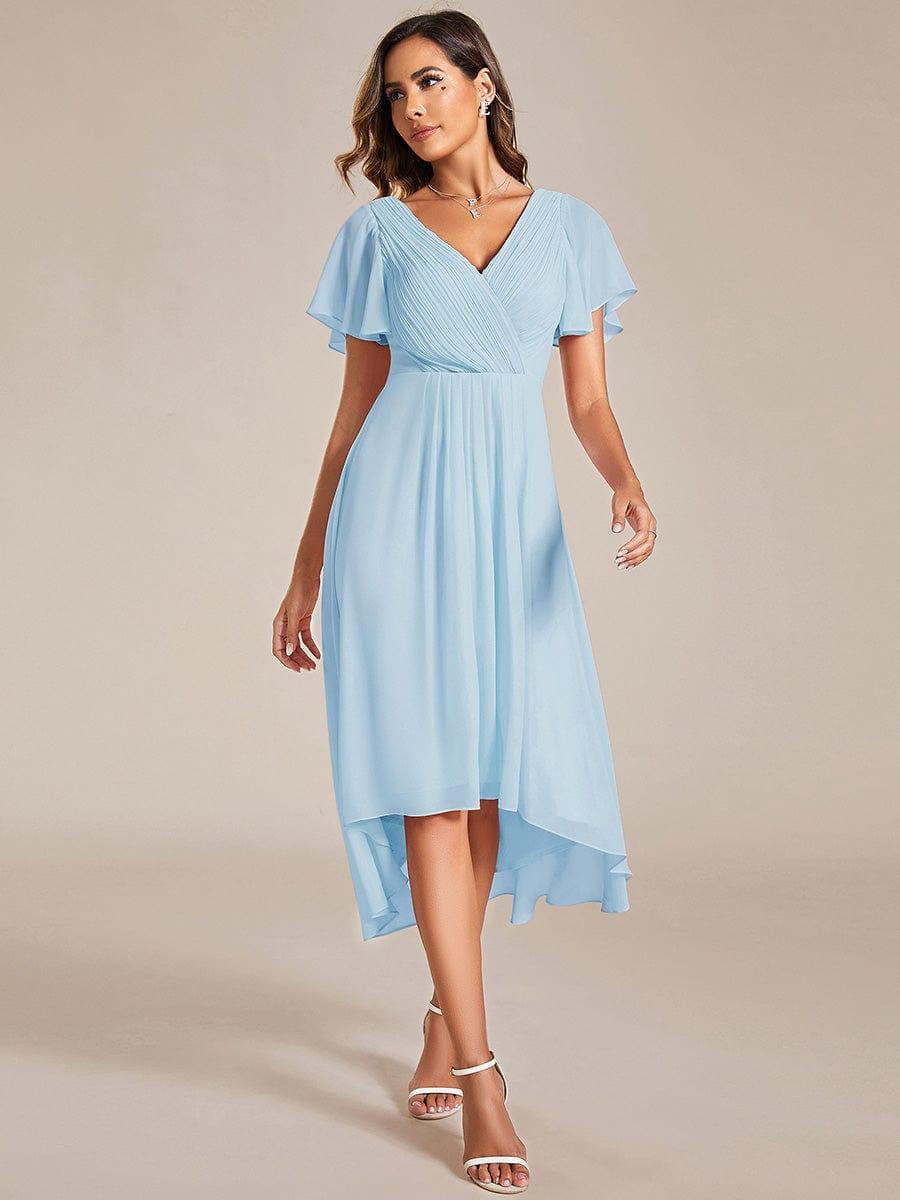 ever FAYE|Chic V Neck Asymmetrical Hem Ruffles Sleeve Pleated Chiffon Wedding Guest Dress
