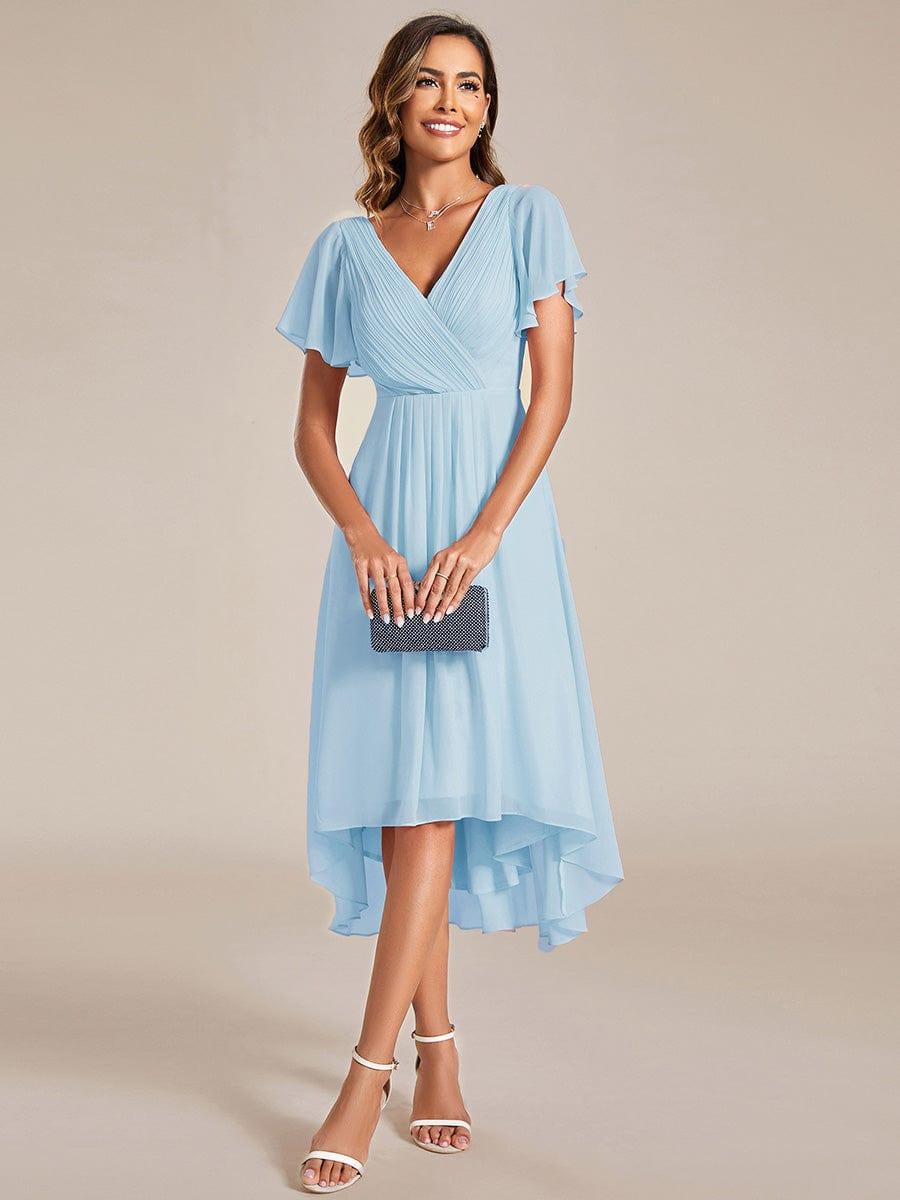 ever FAYE|Chic V Neck Asymmetrical Hem Ruffles Sleeve Pleated Chiffon Wedding Guest Dress